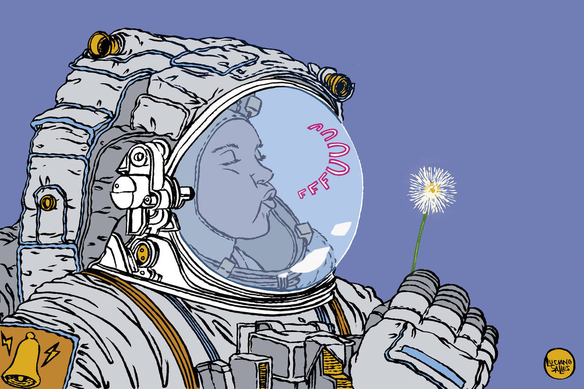 A ilustração de Luciano Salles, publicada na Folha de São Paulo no dia 18 de maio de 2025, mostra uma astronauta que segura um flor do tipo dente de leão, daquelas que se assopra e os pendúnculos voam. A astronauta segura a flor e assopra delicadamente mas dentro do capacete e assim tentando fazer os pedacinhos da flor voar. O vidro do capacete não deixa a lufada de ar do assopro fazer a vontade da astronauta.