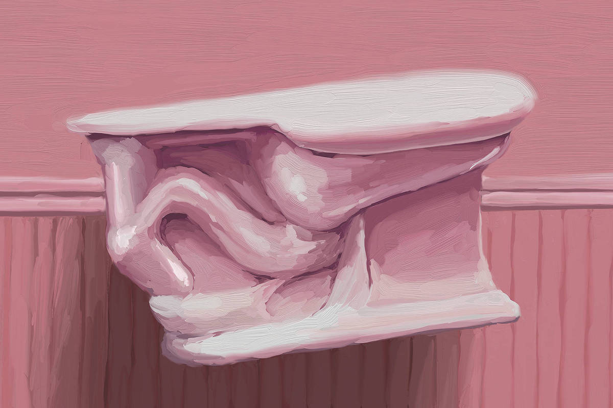 A ilustração de Adams Carvalho mostra o desenho de um vaso sanitário flutuando em frente a uma parede