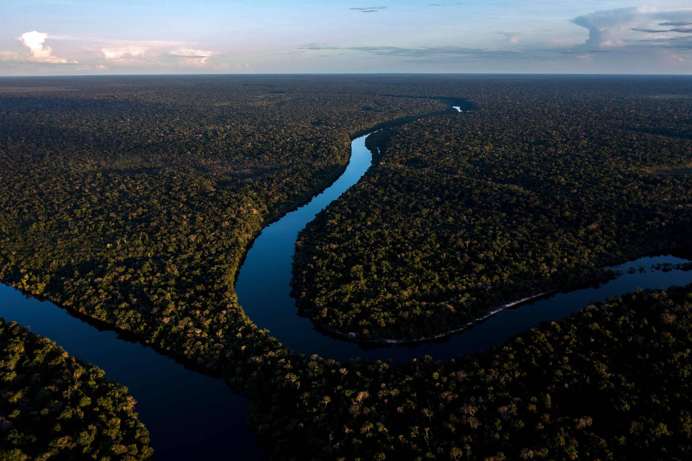 A imagem mostra uma vista aérea da Floresta Amazônica, com uma vasta extensão de árvores verdes e um rio serpenteante que corta a paisagem. O céu está parcialmente nublado, e a luz do sol ilumina a vegetação, criando um contraste entre as sombras e as áreas iluminadas.