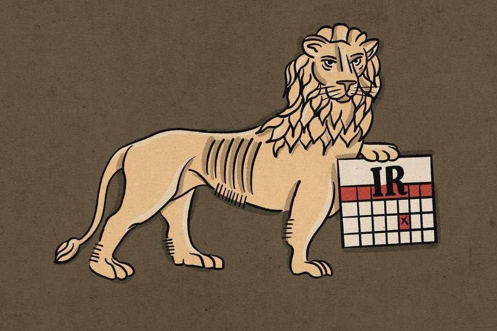 A imagem mostra um leão estilizado em pé, segurando um calendário com a sigla