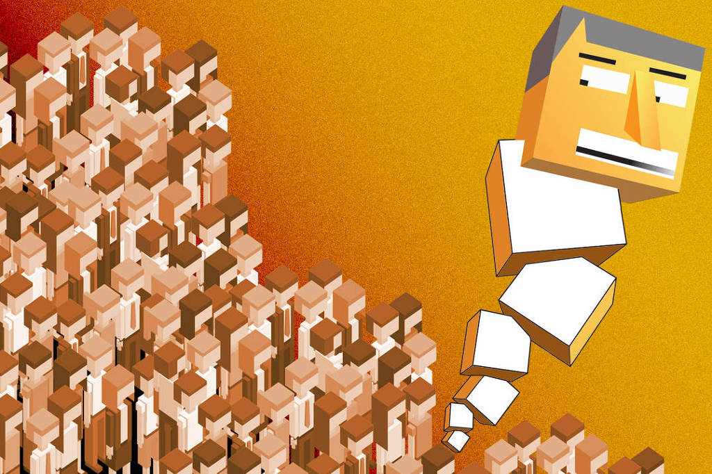 Os elementos da ilustração estão realizada conforme a isometria de um cubo. Lados iguais medidas também nessa proporção.  No desenho, uma multidão de pessoas em tons de marrom, vistos desde uma sacada, todas as figuras de homens e mulheres estão indo na mesma direção (de acima à esquerda para abaixo à direita).  Da multidão parte um conjunto de cubos de menor, abaixo, para o maior, acima e à direita do espaço da ilustração.  O último cubo, é uma cabeça de homem, também seguindo a forma isométrica da multidão, de olhos abertos e sorrindo efusivamente (mostrando os dentes).  A idéia do ilustrador foi mostrar um homem representado pelo cubo maior se equilibrando nos cubos menores que fazem o nexo com essa multidão unida e conectada pela proximidade, como uma única pessoa.