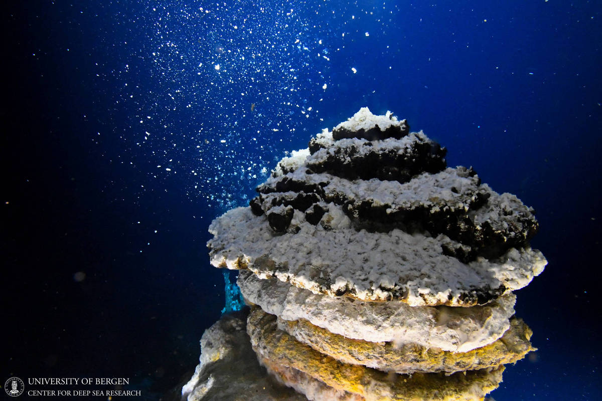 A imagem mostra uma estrutura subaquática que se assemelha a uma rocha ou um coral, com várias camadas e texturas. Bolhas de ar estão subindo ao redor da estrutura, e o fundo é de um azul profundo, típico de ambientes marinhos. A iluminação destaca os detalhes da superfície da estrutura, enquanto a água ao redor parece clara e tranquila.