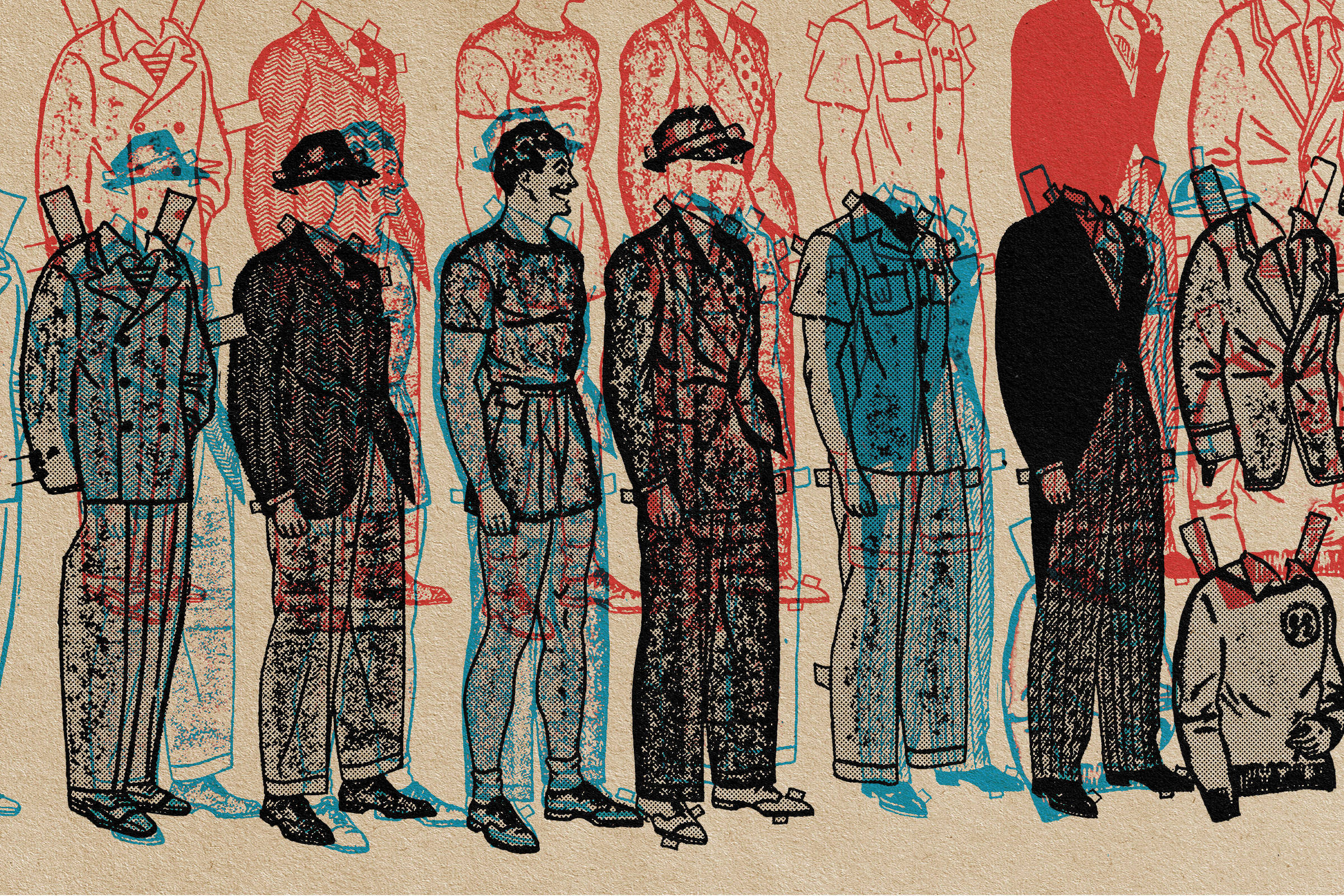Na colagem digital de Marcelo Martinez: antigos bonecos de recortes para vestir (paper dolls), com uma figura masculina e seus diferentes trajes para diversas ocasiões: ternos, roupa de gala, esporte, informal etc.