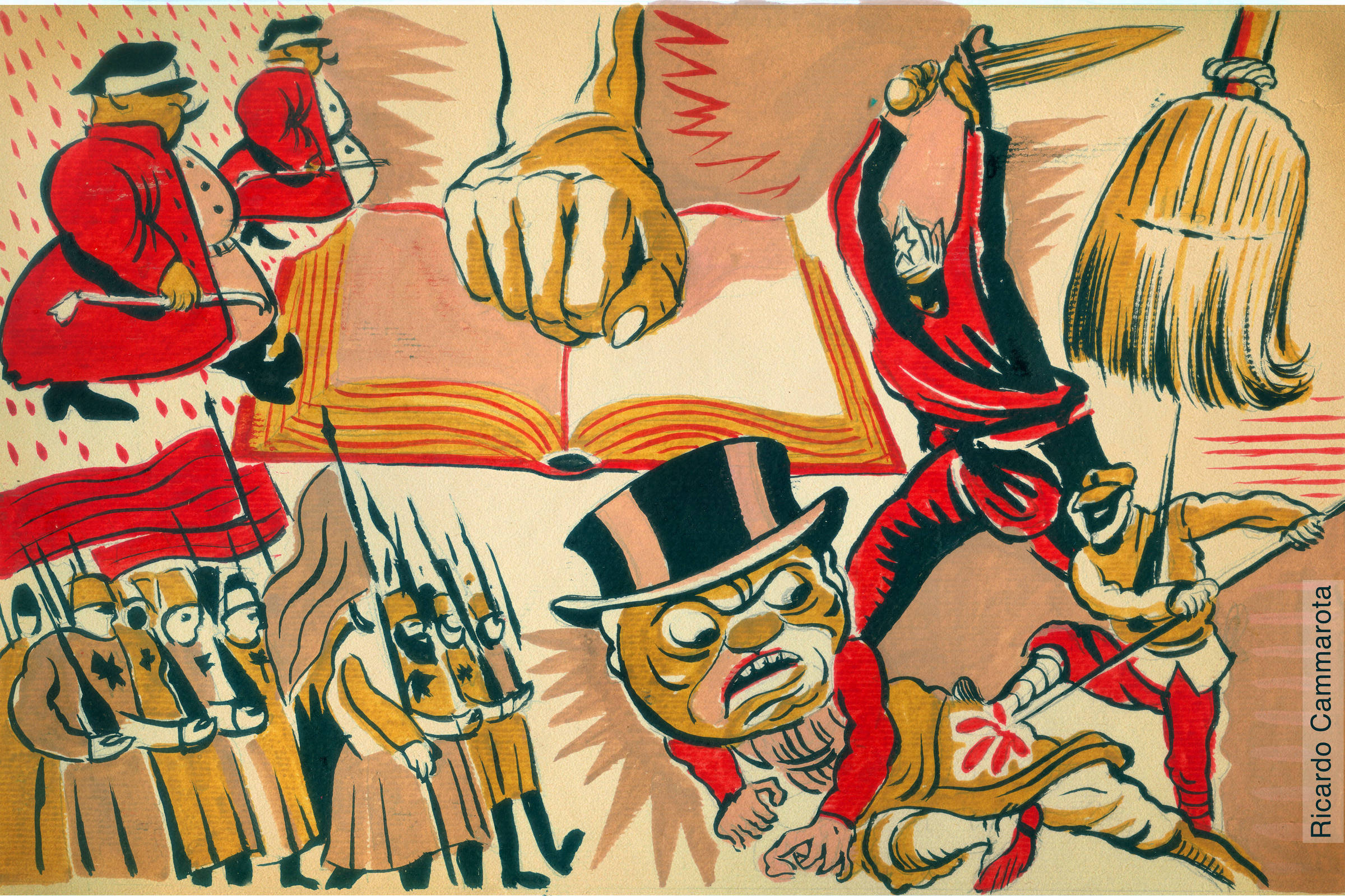 Ilustração colorida, figurativa, estilizada, executada por Ricardo Cammarota em técnica tinta guache sobre papel craft, na proporção 13,9 x 9,1 cm. No centro, há um livro aberto com páginas vermelhas e alaranjadas. Acima dele, uma mão fechada, em punho, repousa sobre o livro. À esquerda, dois homens gordos e caricatos, de bigode, com casacos longos vermelhos, botas e boinas pretas, caminham lado a lado segurando cassetetes. Abaixo deles, um grupo de soldados marcha com lanças e bandeiras vermelhas; suas vestes são longas, em tons de ocre e vermelho.  No canto inferior direito, um homem burocrata  em estilo de caricatura antiga, usando cartola preta e com expressão de raiva  é atingido na perna por uma lança. Atrás dele, um cidadão com máscara nos olhos e boina o ataca. Acima dessa cena, um homem empunha uma espada para o alto com as duas mãos. No canto superior direito, há o detalhe de uma vassoura de palha. As cores predominantes são vermelho, preto, bege e tons terrosos.