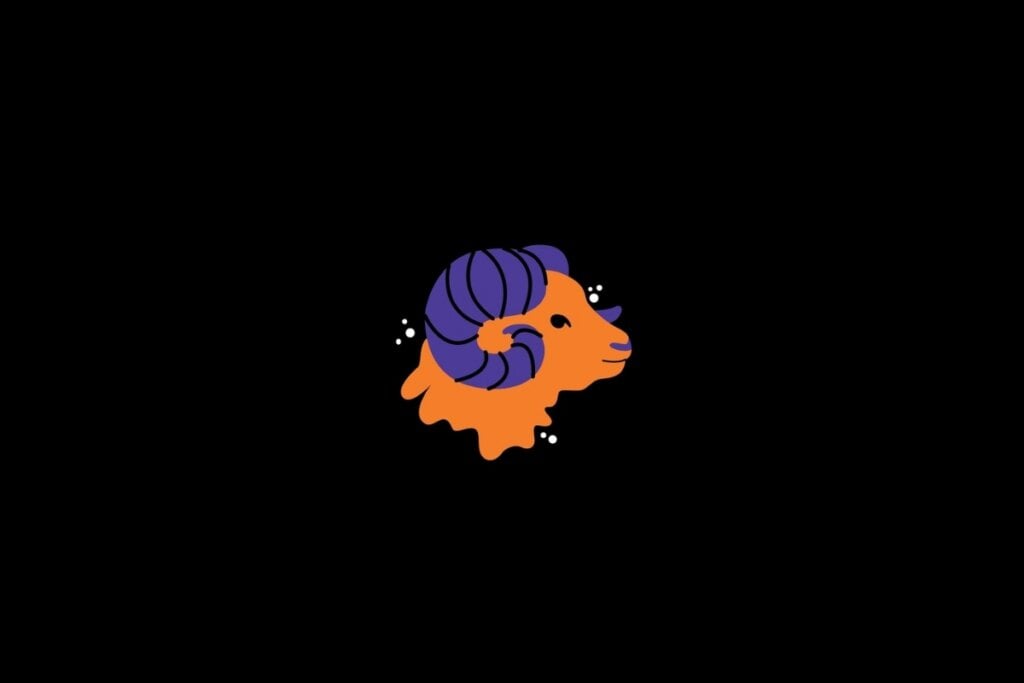 Ilustração do signo de áries nas cores laranja e roxo em um fundo preto