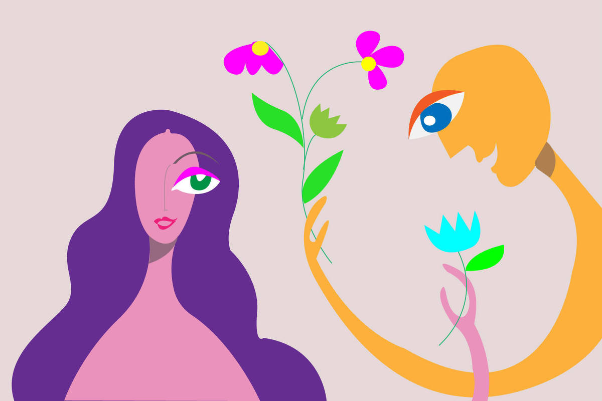 A imagem apresenta duas figuras estilizadas. À esquerda, uma mulher com cabelo longo e roxo, pele rosa e um olhar expressivo. À direita, uma figura com cabelo amarelo e um olho azul, segurando uma flor azul. Ambas as figuras estão cercadas por flores coloridas, incluindo uma flor rosa e uma flor amarela. O fundo é de uma cor neutra, destacando as figuras e as flores.