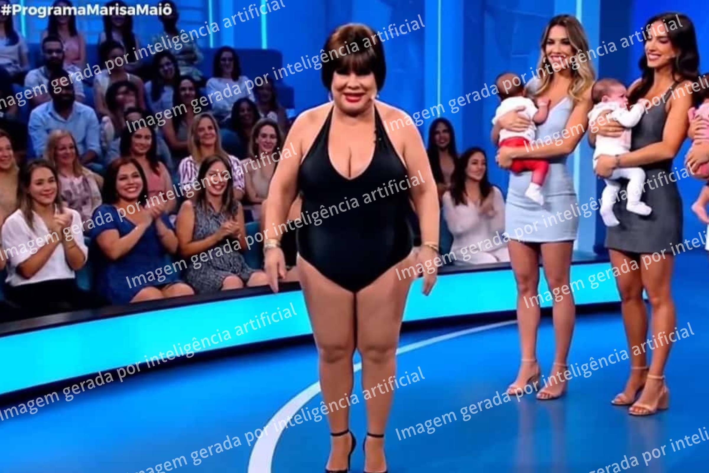 Uma mulher está em pé no centro de um palco, vestindo um maiô preto e sapatos de salto alto. Ela tem cabelo curto e está sorrindo. Ao fundo, há um público aplaudindo, composto principalmente por mulheres. Duas outras mulheres estão ao lado dela, uma segurando um bebê e a outra com um vestido claro. O cenário é colorido, com luzes azuis e uma tela ao fundo.