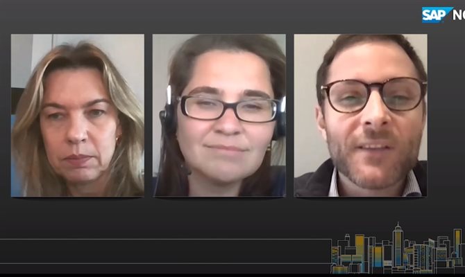 Valeria Soska, da SAP Concur, Fernanca Saraiva, da SAP Brasil, e João Araújo, da SAP Qualtrics, falam sobre experiência do colaborador