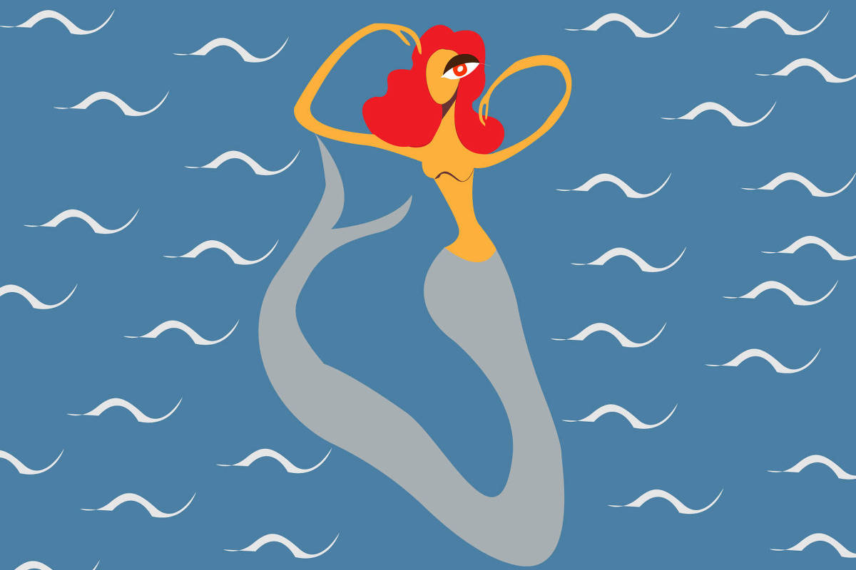 A imagem apresenta uma sereia estilizada com cabelo vermelho e corpo em tons de amarelo e cinza. Ela está com os braços sobre um fundo azul, com ondas brancas que representam o mar