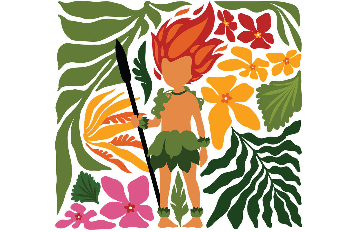 A imagem apresenta um personagem estilizado, com cabelo em chamas e vestindo uma roupa feita de folhas. Ele segura uma lança e está cercado por uma variedade de plantas e flores coloridas, incluindo folhas verdes, flores amarelas, laranjas e rosas. O fundo é composto por um padrão vibrante de vegetação tropical.