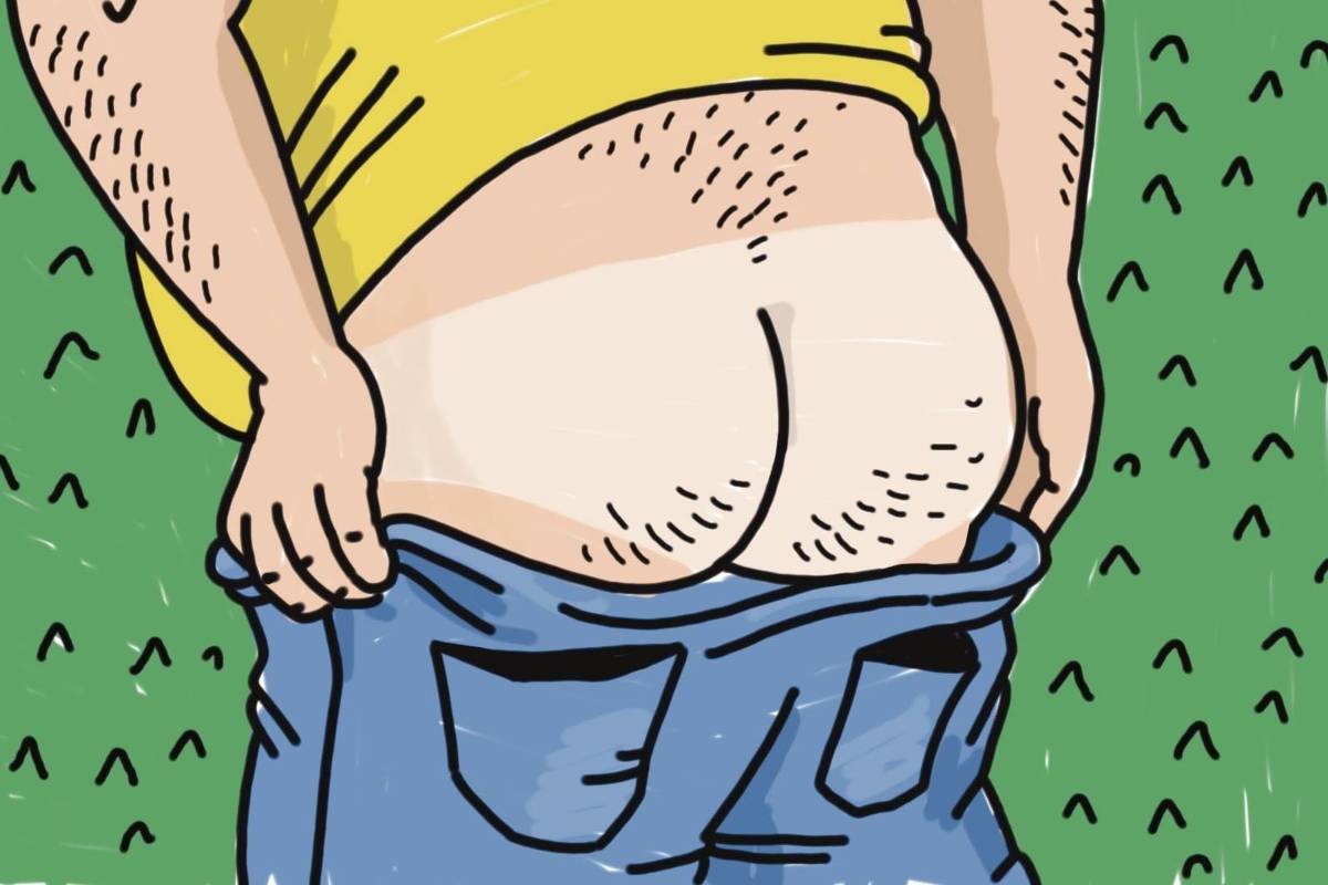 A imagem ilustra em tons da bandeira do Brasil a cena de um homem de costas, abaixando as calças e mostrando a bunda.