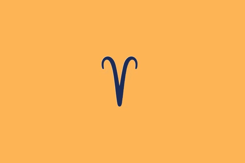 Ilustração do signo de Áries, em fundo alaranjado, com símbolo em forma de
