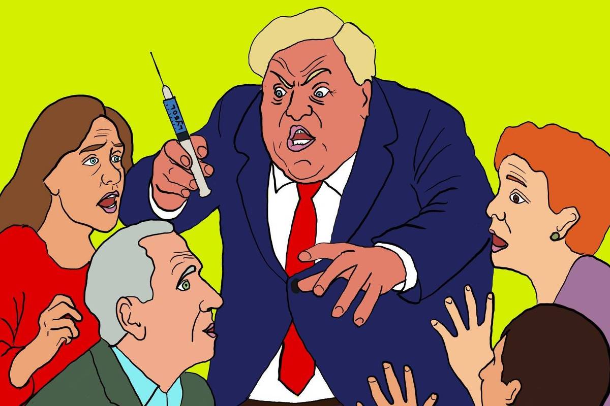 A imagem apresenta uma cena de ilustração em estilo cartoon, onde um homem de terno azul e gravata vermelha está segurando uma seringa, com uma expressão de raiva ou frustração. Ele está cercado por quatro pessoas, que parecem estar em estado de choque ou medo, com expressões faciais de preocupação. O fundo é de uma cor amarela vibrante, destacando a intensidade da cena.
