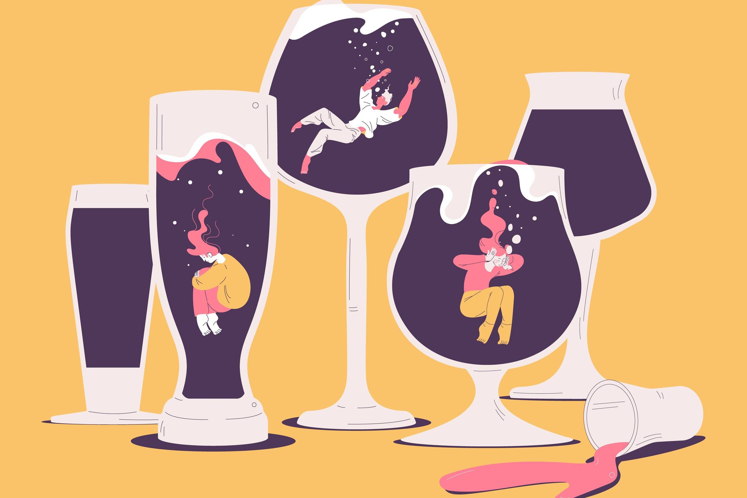 A imagem apresenta vários copos de diferentes formatos e tamanhos, todos contendo uma bebida escura. Dentro de cada copo, há ilustrações de personagens submersos, alguns nadando e outros em posições diversas. O fundo é de uma cor amarela sólida, e há um copo derramado com líquido rosa ao lado.