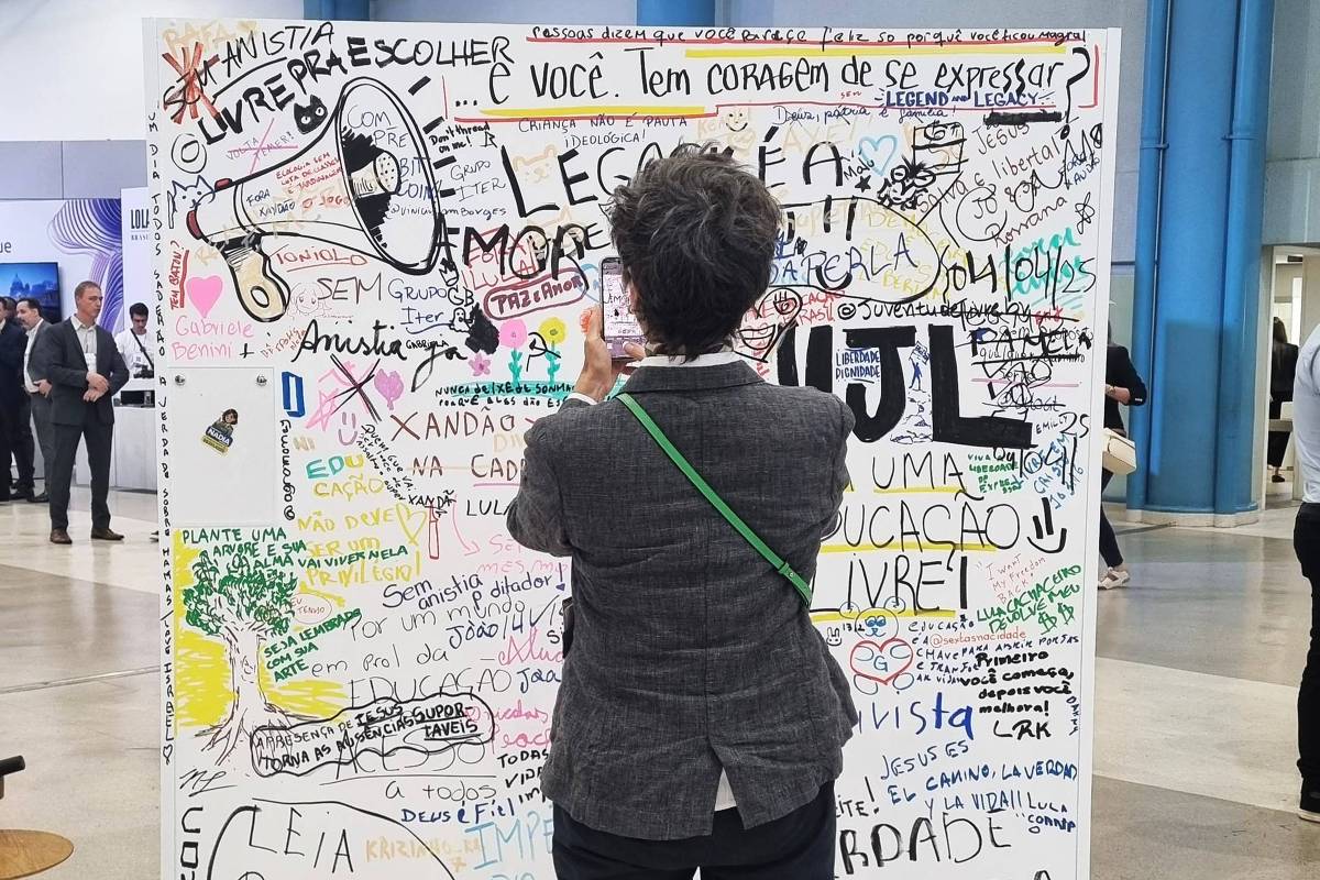 A imagem mostra uma pessoa de costas, tirando uma foto de um mural coberto com várias mensagens escritas à mão. O mural contém frases e desenhos coloridos, incluindo a pergunta