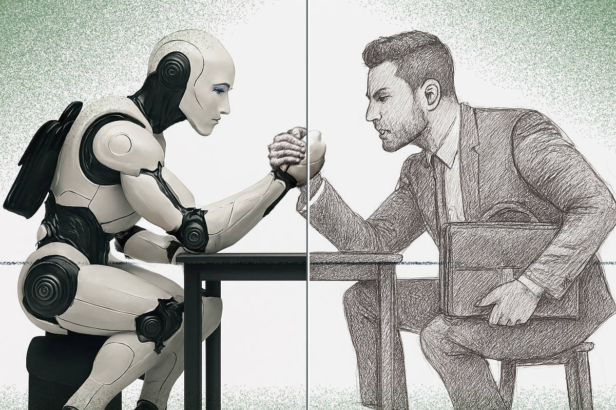 A ilustração está dividida verticalmente em duas metades. À esquerda, um robô humanoide moderno aparece sentado em um banco baixo, curvado sobre uma mesa, com os braços musculosos e metálicos estendidos para um duelo de queda de braço. O robô é branco com detalhes pretos e tem formas futuristas, lembrando uma figura atlética e poderosa. Sua expressão é séria e concentrada.    À direita, um homem de terno e gravata, desenhado em traço preto e branco como um esboço a lápis, está sentado de maneira espelhada ao robô. Ele segura uma pasta executiva com a mão esquerda e trava a queda de braço com a direita, também com expressão determinada e intensa.    A cena mostra um embate simbólico entre tecnologia (IA) e ser humano. O chão tem um leve tom esverdeado, e ao fundo há um gradiente verde que destaca as figuras. No canto inferior direito, está a assinatura do artista Amarildo acompanhada da inscrição +IA.