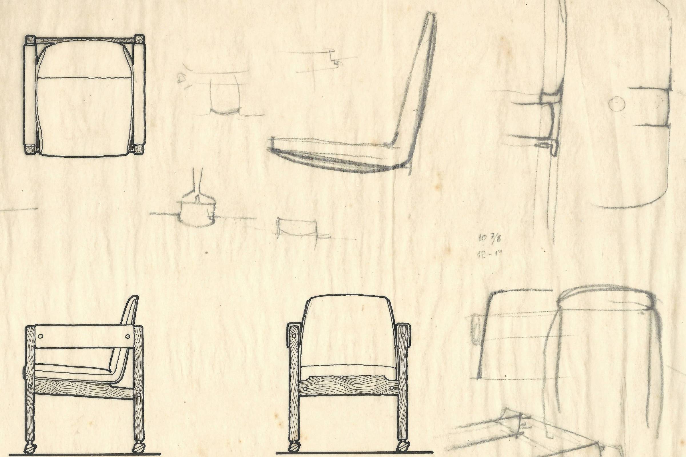 Desenhos à mão de uma cadeira em várias perspectivas: vista superior, lateral, frontal e traseira. Inclui detalhes do assento, encosto e estrutura com braços, além de esboços de componentes isolados. Linhas simples em tinta preta sobre papel claro.