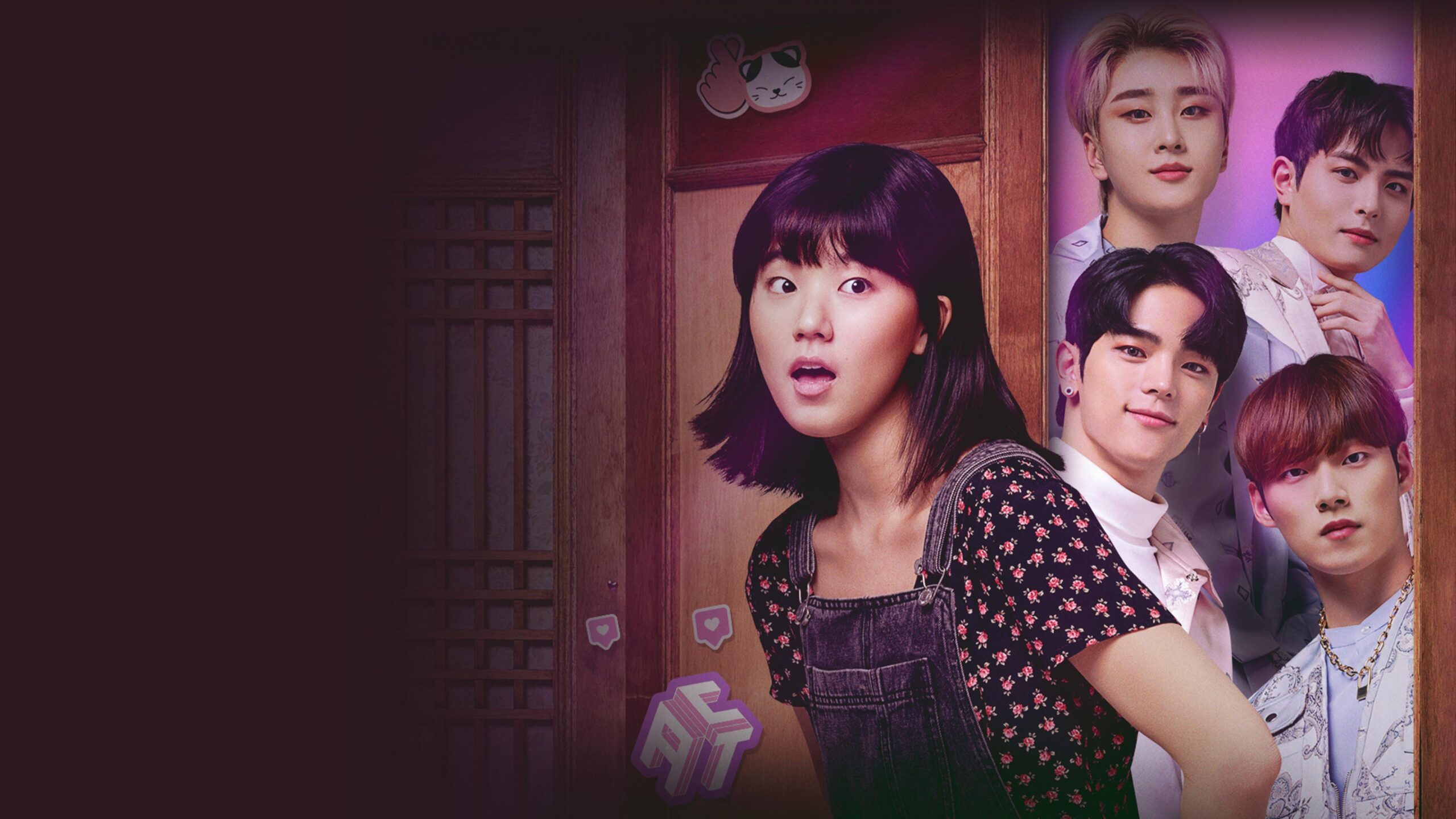 cena-de-dorama-kdrama-com-protagonista-surpresa-e-grupo-de-idols-coreanos-no-fundo-em-estilo-colorido