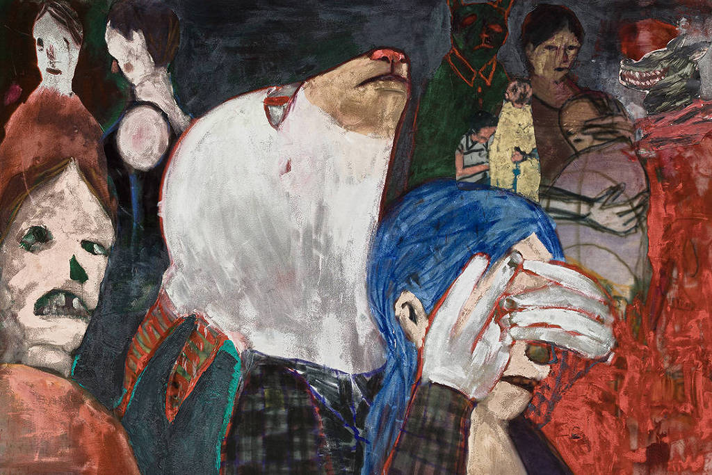 Pintura mostra várias figuras humanas com traços distorcidos e expressões intensas. No centro, uma pessoa com cabelo azul cobre o rosto com as mãos. Outras figuras ao redor exibem rostos alongados e olhos grandes, em tons escuros e vermelhos, criando atmosfera tensa e dramática.
