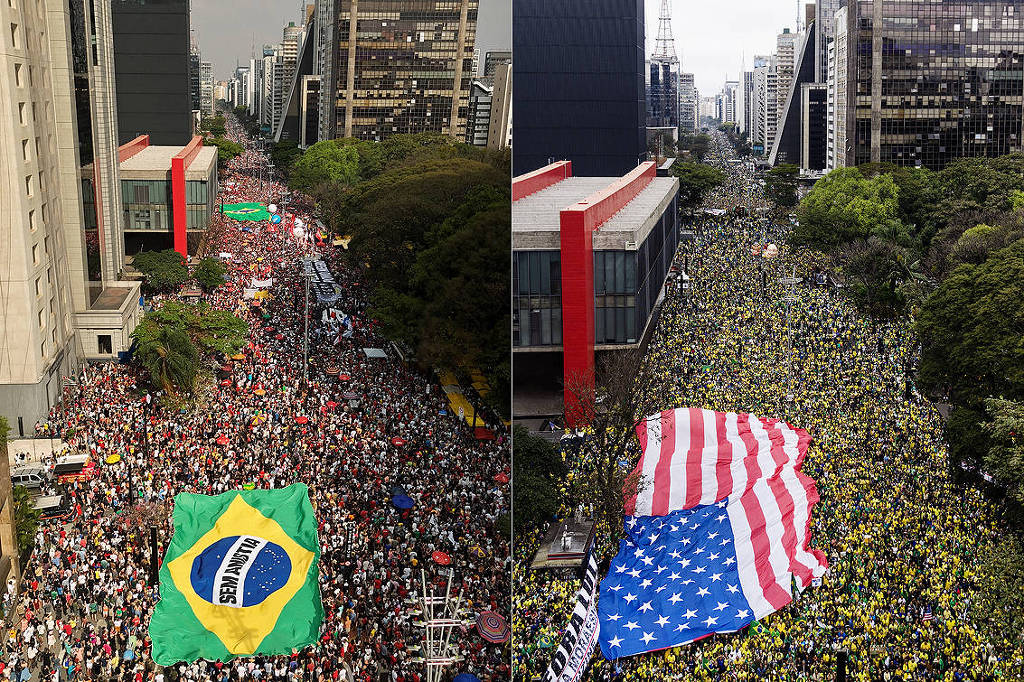 A imagem mostra duas cenas de protestos em São Paulo, lado a lado. À esquerda, uma multidão com bandeiras do Brasil, incluindo uma grande bandeira verde e amarela do Brasil, onde está escrito