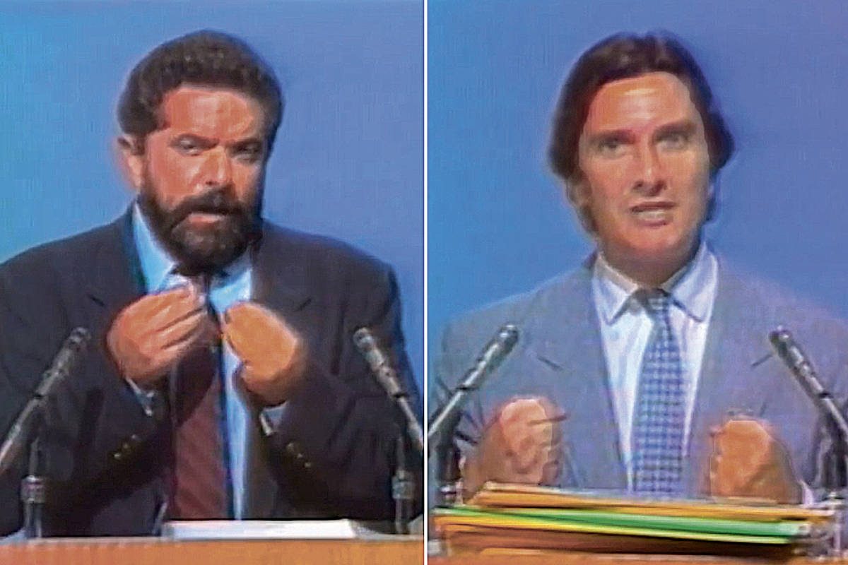 A imagem mostra um debate político dividido em duas partes. À esquerda, um homem com barba e cabelo escuro, vestindo um terno escuro, gesticula com as mãos enquanto fala. À direita, um homem com cabelo liso e claro, usando um terno claro, também gesticula com as mãos, apresentando seu ponto de vista. Ambos estão em frente a microfones e um fundo azul.