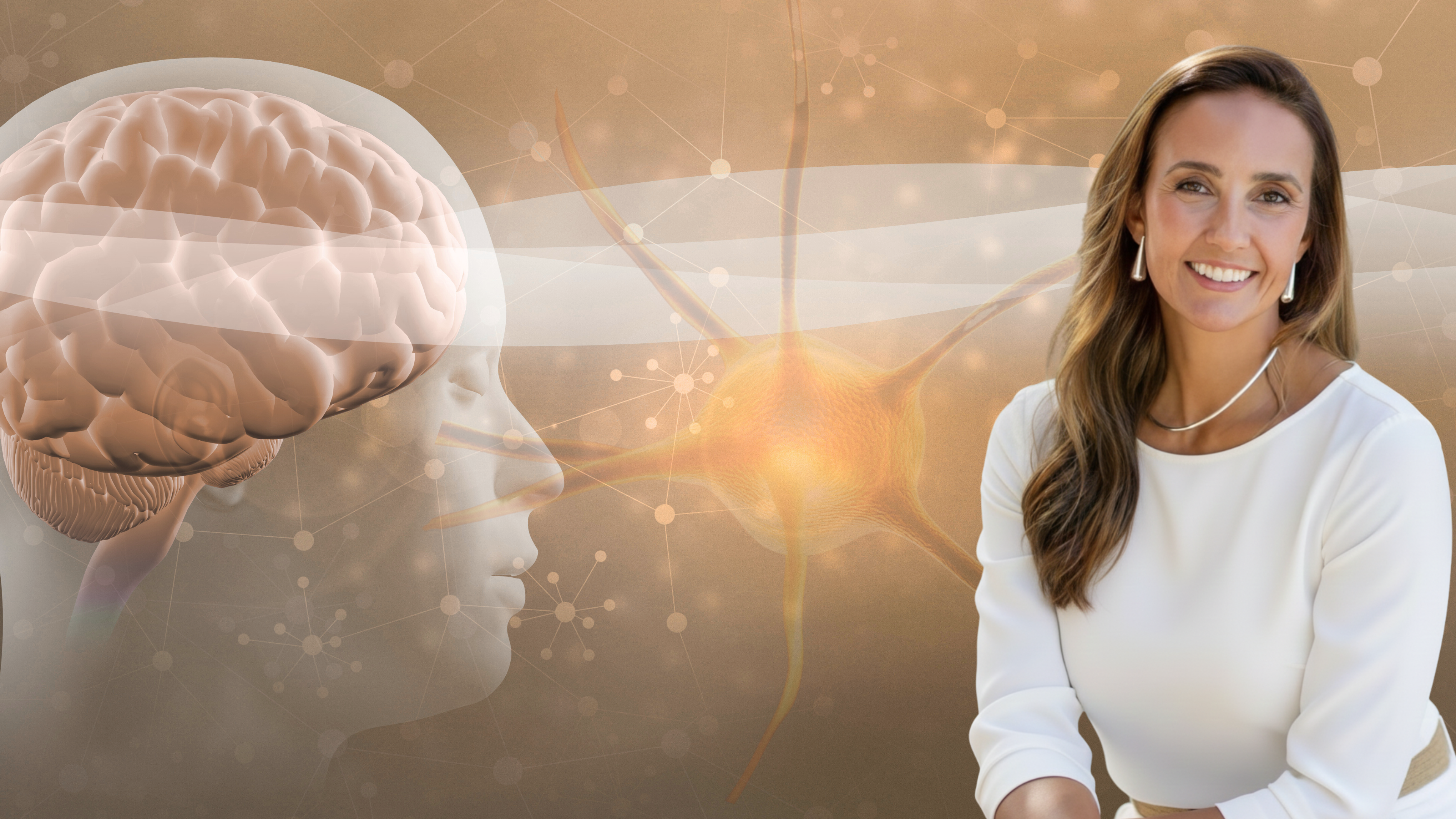 Anna Maoli conduz prática de regulação emocional enquanto elementos visuais representam cérebro, coração e coerência entre mente e corpo, simbolizando liderança consciente e alta performance frequencial.