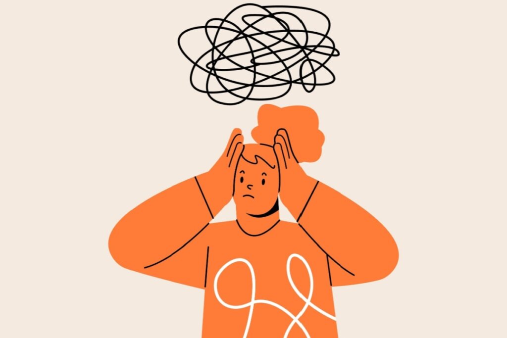 Ilustração de mulher laranja com as mãos na cabeça e redemoinho de pensamento acima da cabeça em fundo laranja claro