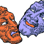 Ilustração de Ricardo Cammarota está em formato horizontal, proporção aproximada de 13,9 × 9,1 cm. A imagem foi criada manualmente com pincel e nanquim sobre papel, com traços tortuosos, orgânicos e estilizados, e uso intenso de hachuras para construção de volume e textura. A coloração foi aplicada digitalmente. A composição apresenta dois rostos humanos estilizados, sem corpo, posicionados lado a lado e levemente inclinados um em direção ao outro, ocupando quase toda a área da imagem. * O rosto à esquerda, em vermelho-alaranjado, possui contornos grossos em preto, olhos brancos sem pupilas e boca pequena, fechada, em tom lilás. As linhas de expressão são densas e irregulares, e a expressão facial sugere raiva ou tristeza. * O rosto à direita, em lilás, também delineado em preto, apresenta olhos brancos sem pupilas e boca levemente curvada para cima, em tom alaranjado, indicando uma expressão de sorriso. As hachuras acompanham a forma do rosto, criando sensação de relevo e movimento. Os dois rostos se tocam ou quase se encostam na região central, formando uma composição de contraste entre as expressões. O fundo é branco, sem outros elementos visuais.