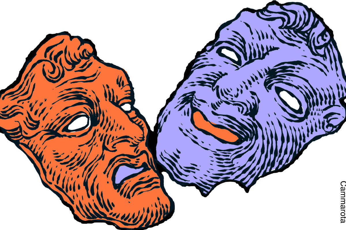 Ilustração de Ricardo Cammarota está em formato horizontal, proporção aproximada de 13,9 × 9,1 cm. A imagem foi criada manualmente com pincel e nanquim sobre papel, com traços tortuosos, orgânicos e estilizados, e uso intenso de hachuras para construção de volume e textura. A coloração foi aplicada digitalmente. A composição apresenta dois rostos humanos estilizados, sem corpo, posicionados lado a lado e levemente inclinados um em direção ao outro, ocupando quase toda a área da imagem. * O rosto à esquerda, em vermelho-alaranjado, possui contornos grossos em preto, olhos brancos sem pupilas e boca pequena, fechada, em tom lilás. As linhas de expressão são densas e irregulares, e a expressão facial sugere raiva ou tristeza. * O rosto à direita, em lilás, também delineado em preto, apresenta olhos brancos sem pupilas e boca levemente curvada para cima, em tom alaranjado, indicando uma expressão de sorriso. As hachuras acompanham a forma do rosto, criando sensação de relevo e movimento. Os dois rostos se tocam ou quase se encostam na região central, formando uma composição de contraste entre as expressões. O fundo é branco, sem outros elementos visuais.