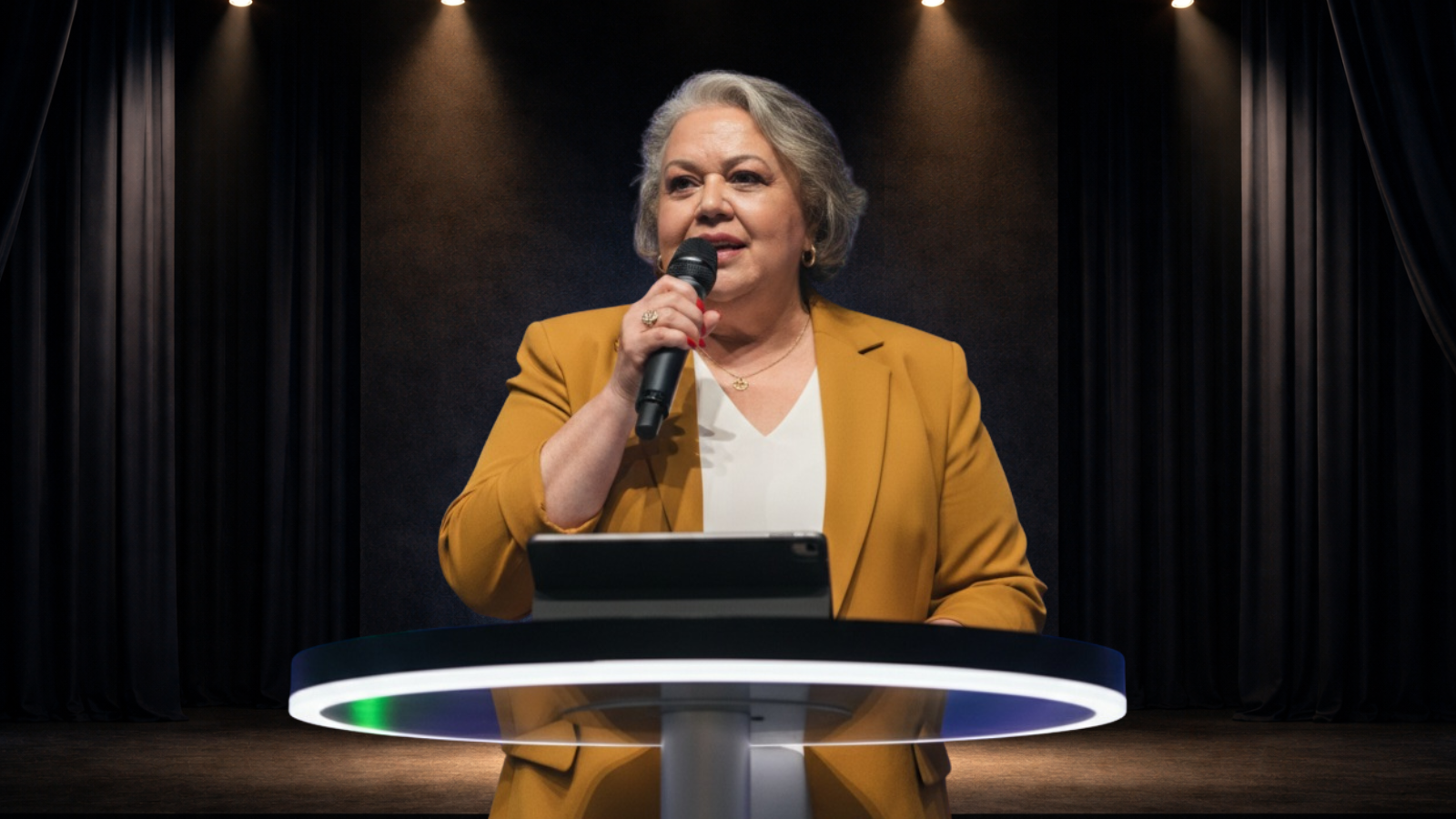 Myrinha Vasconcellos discursando em um púlpito no palco, sob iluminação cênica, falando sobre Relacionamento de Excelência e experiência do cliente.