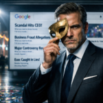 Executivo de terno segurando máscara de carnaval dourada diante de tela com resultados negativos no Google.