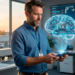 Gestor de frotas utilizando smartphone com holograma de inteligência artificial em escritório logístico com caminhões e painéis de monitoramento ao fundo.