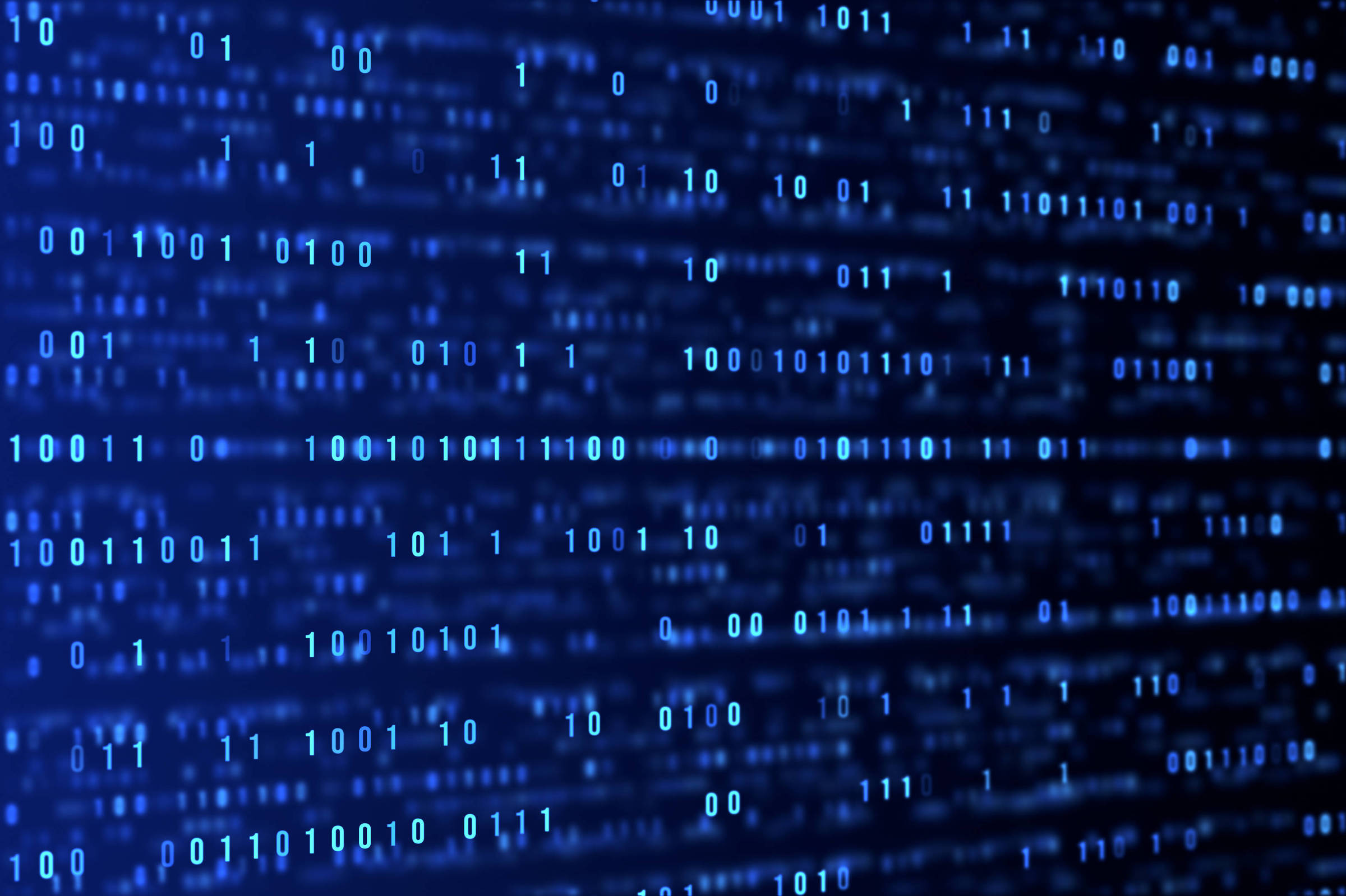 Sequência de números binários em azul claro dispostos em linhas horizontais sobre fundo preto, simulando dados digitais em movimento.