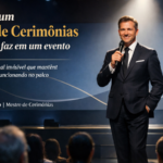 Mestre de cerimônias apresentando evento corporativo em um palco iluminado, segurando microfone diante de plateia, com título sobre o papel do mestre de cerimônias em eventos.