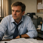 Executivo financeiro em escritório no fim do dia, com expressão séria e pensativa, mesa com documentos fiscais espalhados e notebook com planilha aberta ao lado, iluminado por luz natural da janela.