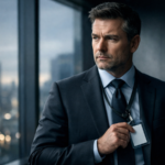 Executivo segurando crachá corporativo em escritório moderno, simbolizando transição de carreira e valor profissional além do cargo.