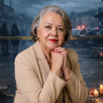 Mulher em primeiro plano com expressão firme diante de cenário urbano com velas, faixa policial e cartazes contra feminicídio ao fundo