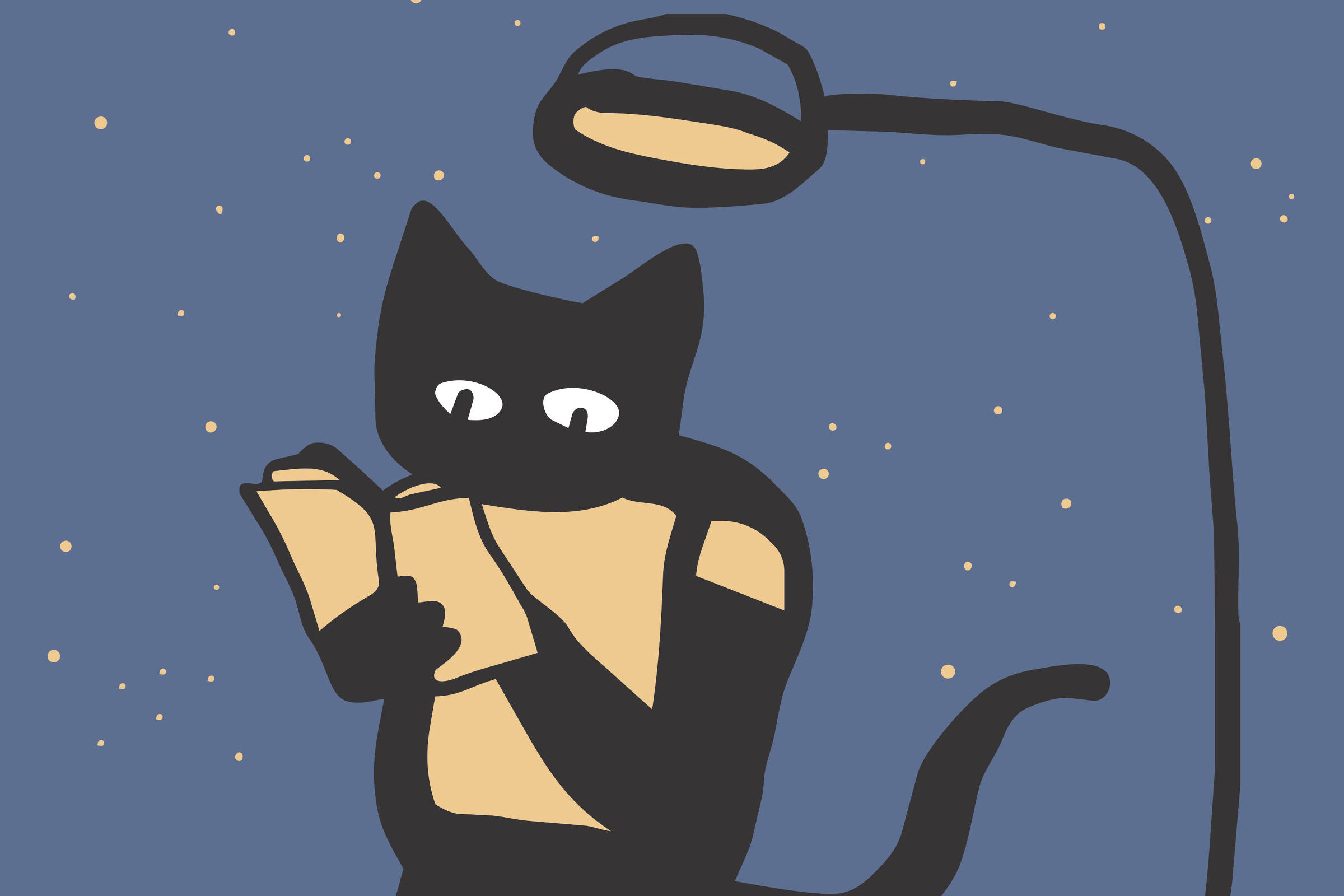 Gato preto em pé segurando um livro aberto, iluminado por luminária de piso com luz amarela, fundo azul com pontos brancos.