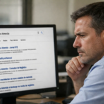 Homem em escritório analisando resultados de busca no Google com seu nome, refletindo sobre sua reputação digital e como é percebido online.