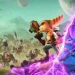 ratchet-and-clank-rift-apart-personagens-correndo-entre-dimensoes-portal-roxo-acao-futurista