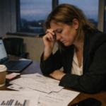 Executiva analisa documentos e relatórios financeiros em sala de reunião no fim do dia, com expressão de pressão e concentração