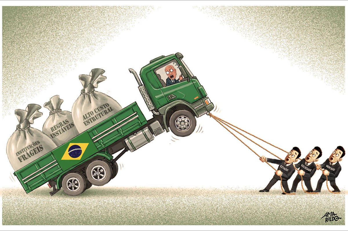 Ilustração, do Amarildo, em fundo claro mostra um caminhão verde fortemente inclinado para trás, como se estivesse empinado pelo excesso de peso na carroceria. Na cabine, um motorista de terno aparece assustado, com expressão de pânico. Sobre a carroceria, três grandes sacos pesados trazem os dizeres: Instituições frágeis, Regras instáveis e Alto custo estrutural. Na lateral do caminhão há uma bandeira do Brasil. Presas à dianteira do veículo, três cordas são puxadas por três homens pequenos, curvados pelo esforço, identificados como Estado, Sociedade e Mercado. Eles tentam arrastar o caminhão para frente, mas o peso dos sacos parece impedir o movimento. A cena usa exagero visual para representar dificuldade, sobrecarga e o esforço coletivo para mover um sistema travado.