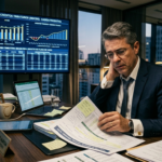 Empresário analisa documentos e gráficos tributários em escritório corporativo durante estudo estratégico sobre os impactos da reforma tributária e créditos de IBS e CBS.