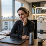 Mulher sentada em consultório odontológico moderno ao amanhecer, com expressão de cansaço e mão apoiada no rosto, ao lado de energético e café sobre a mesa.
