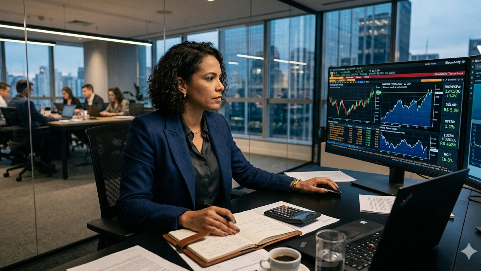 Executiva analisando dados financeiros em escritório corporativo moderno com gráficos de mercado em telas digitais