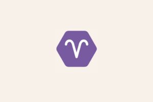Ilustração do signo Áries, com símbolo branco em formato de chifres curvos em hexágono roxo em fundo bege