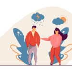 A ilustração mostra um homem e uma mulher em um ambiente estilizado. O homem, com uma expressão neutra, está vestido com uma camiseta vermelha e calças cinzas, enquanto a mulher, que está ao seu lado, usa uma blusa rosa e calças vermelhas. Ela está colocando a mão no ombro dele, sugerindo apoio emocional. Ao fundo, há elementos gráficos que representam clima, com nuvens, um raio e sol, simbolizando emoções contrastantes.