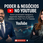 Tucco e Anna Lourensetti em destaque na arte de lançamento do canal Poder & Negócios no YouTube. O programa, exibido pela Vivax TV e TV Gazeta, amplia sua presença digital com entrevistas sobre liderança, negócios e influência.