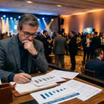 Empresário analisa relatórios financeiros durante evento corporativo, refletindo sobre os impactos da reforma tributária e do Imposto Seletivo nos setores de bares, restaurantes e entretenimento.