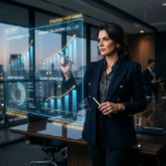 Executiva analisa projeções de crescimento e valuation em ambiente corporativo de alto padrão, simbolizando estratégia, liderança e posicionamento profissional.